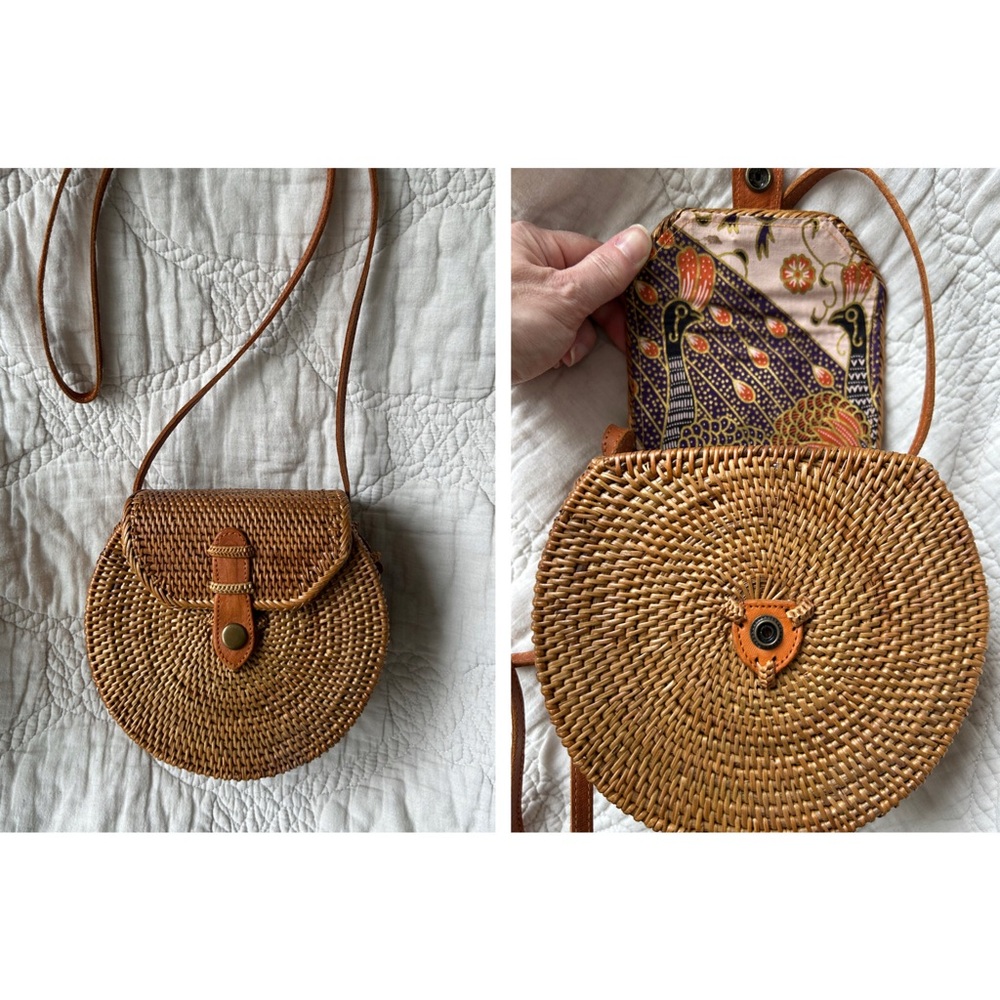 Balinese Round Crossbody Bag - Rattan & Leather, Vibrant Bird Fabric Interior